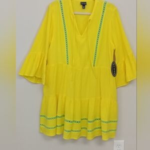 NWT Scoop Neon Yellow Teal Bell Sleeve Boho Summer Vacation Dress Size 12